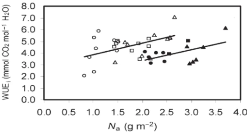 Figure  6    Relationship between instantaneous  water-use efficiency (WUE i *=mmol CO 2   mol –1  H 2 O) and leaf N  concentrations  (N a *)  in  Douglas-fir  (open  symbols)  and  poplar  (filled  symbols)