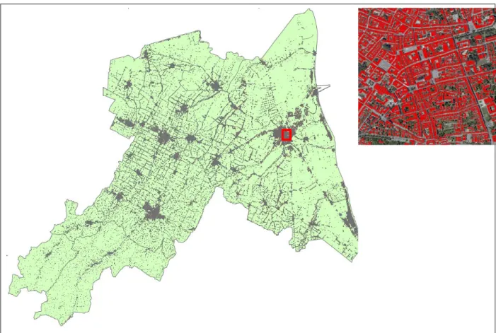 Figura 31: Distribuzione spaziale degli edifici ad uso residenziale e stralcio per il centro urbano  della città di Ravenna