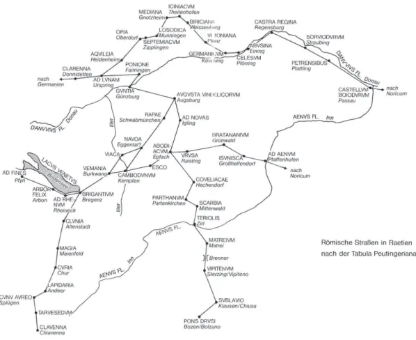 Figura  2.-  Strade  romane  della  Raetia  secondo  la  Tabula  Peutingeriana  (W ALSER