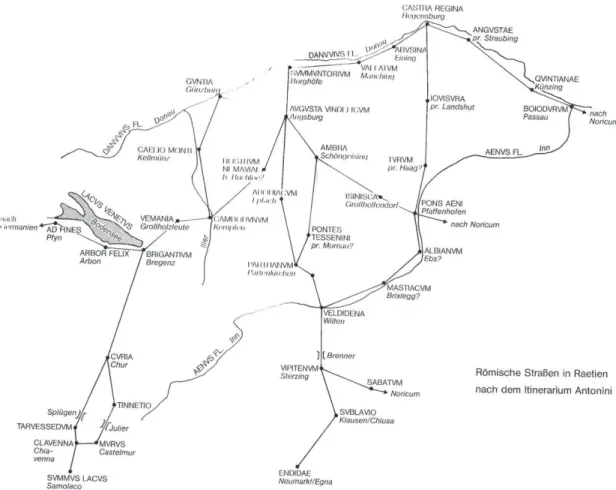 Figura 3.- Strade romane della Raetia secondo l’Itinerarium Antonini (W ALSER  1983).