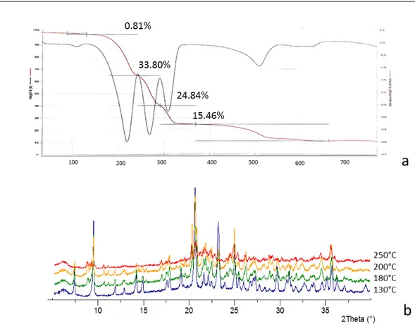 Figure  4.8  |  a)  TGA  curve  of  [CuI(PN) 3 ],  the  first  step  (0.81%)  is  due  to  some  solvent  release,    the  second step  can be ascribed to the release to one ligand molecule  which  is suddenly followed by the   release of the  other ligand