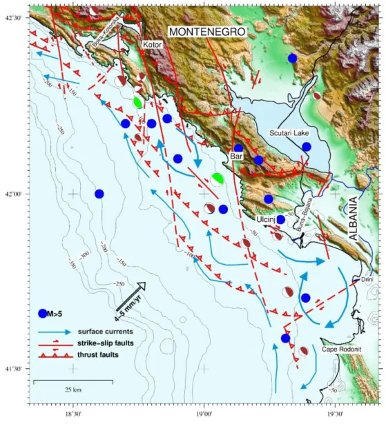 Fig. 2.6. Simplified structural map of the Montenegro/Albanian  margin. Location of main structural features is  from  Oluic et al., (1982), Aliaj et al