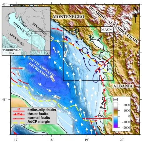 Figure 1. Geological and oceanographic setting of the South Adriatic Sea, with location of external  thrust as limits of the Adria microplate (From Billi et al., 2007; G.M.O.T.M.; Dragičević and Velić,  2002; Vlahovic et al., 2005)