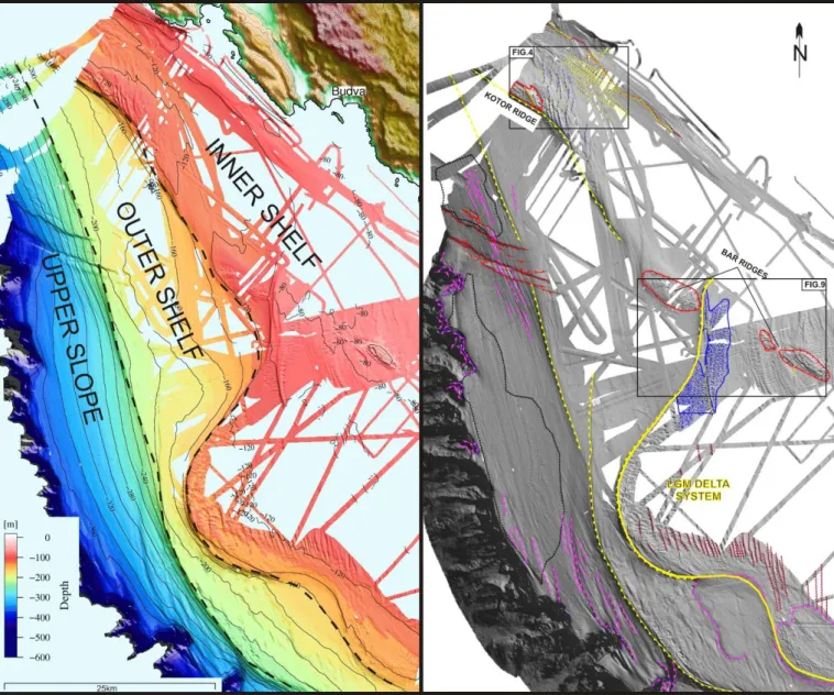 Figure 3. Left: shaded-relief, morphobathymetric map of the Montenegro continental shelf and upper  slope