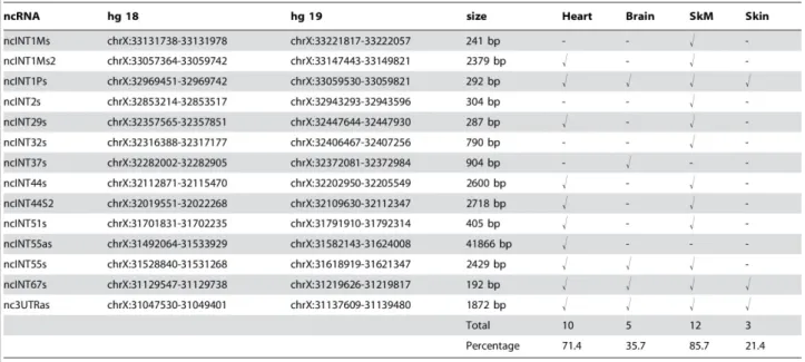 Table 1: Genomic location, length and tissue representation of the human transcripts identified