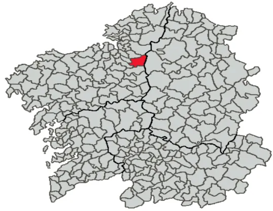 Figura  8.  L’area  evidenziata  indica  il territorio  di Aranga,  conteso  tra  i  monaci  cistercensi di  Sobrado  e  Pietro  Múñiz,  nel  nord  della  Galizia  al  confine  dello  spazio  diocesano  tra  Compostela,  Lugo  e   Mondoñedo.