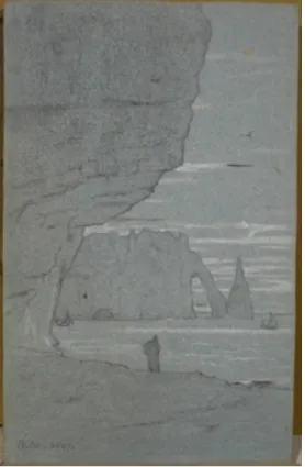 Figura  femminile  sulla  riva  del  mare  a  Etretat  con  la  falesia  di  Amont  sullo sfondo 