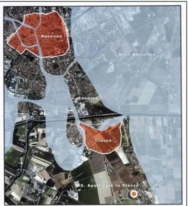 Figura 1. Collocazione geografica dell’area di Classe rispetto  alla città di Ravenna e all’abitato moderno (Augenti 2011)