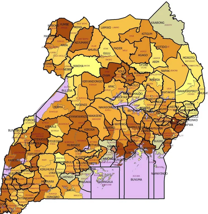 Figura  1.  La  Repubblica  dell’Uganda.  I  distretti  parte  del  regno  del  Bunyoro  sono:    Buliisa,  Masindi,  Kiryandongo,  Hoima,  Kibaale;  quelli  parte  del  Tooro  sono  Kyagegwa,  Kyenjojo,  Kabarole,  Kamwenge,  Ntoroko