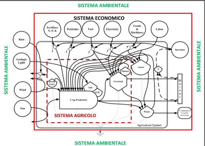 Figura 7.1. Rappresentazione delle relazioni tra sistema agricolo studiato, sistema economico e sistema  ambientale
