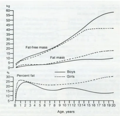 Figura 9. Curve di crescita di massa magra, massa grassa e  percentuale di grasso corporeo 