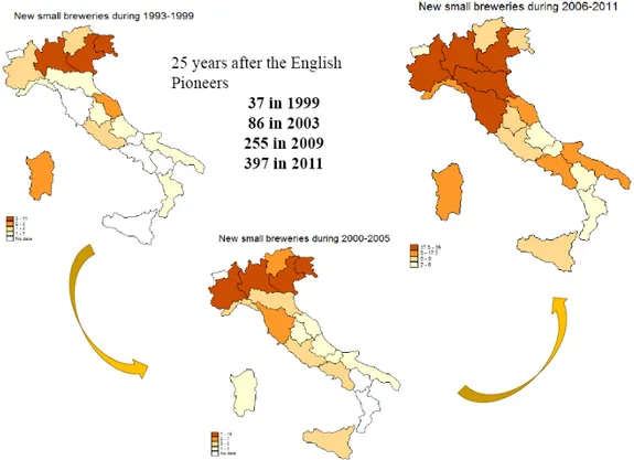 Figure 2.2. Regional distribution of small breweries in Italy (Savastano S., 2011). 