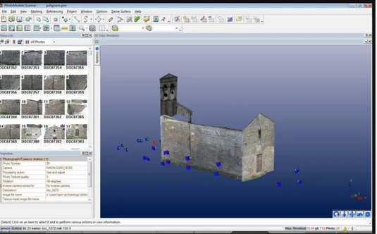 Figura 4 – Photomodeler Scanner TM : ambiente di lavoro e vista del modello  tridimensionale della chiesa di San Jacopo a Pulignano (con evidenziati i punti di presa  degli scatti fotografici) 