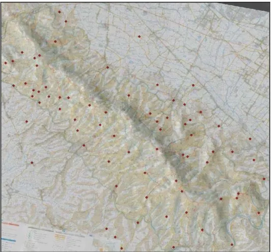 Figura 13 – Il territorio del Montalbano ed i siti ricogniti e censiti durante la ricerca 