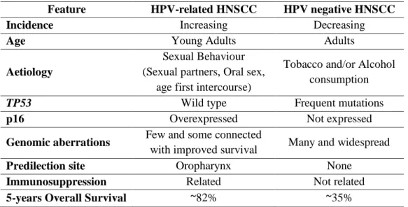 Table  3  –  Different  clinical  and  biological  characteristics  of  HPV-positive  and  HPV-negative  HNSCCs (Kostareli et al, 2012; Leemans et al, 2011; Syrjanen, 2010)