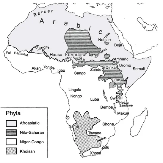 Figure 3.1: Map showing the distribution of the four African language phyla and major languages (modified from Heine and Nurse 2000)