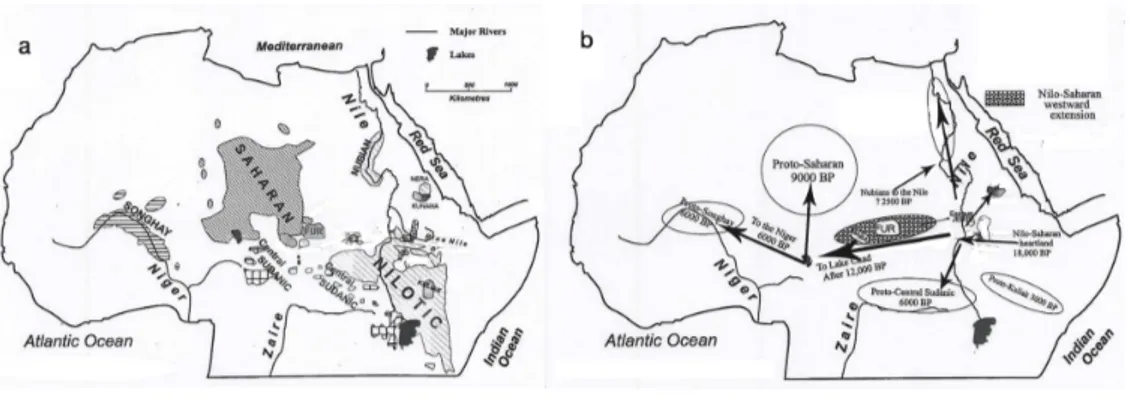 Figure 3.3: Distribution of Nilo-Saharan languages (a) and routes of dispersal (b) (Modified from Blench 2006)