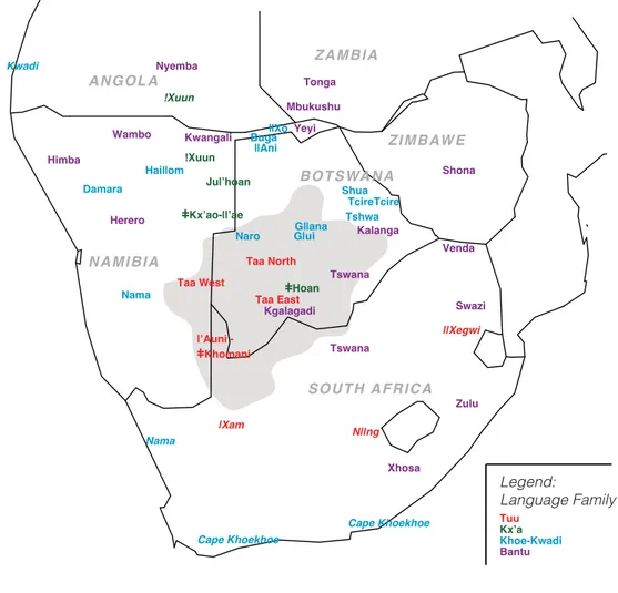 Figure 4.2: Approximate location of Khoisan populations and neighboring Bantu-speaking populations, colored according to linguistic affiliation
