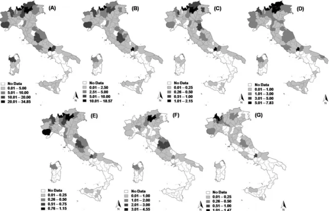 Figure 3. Maps (province level of detail) of the average annual isolation rates per 100,000 population of Salmonella in Italy in 2000-mid 2012 (all Salmonella  isolates (A), S