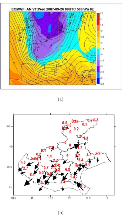 Figure 4.2: Aspects of the atmospheric flow configuration of the 26 September 2007 case: (a) upper-level flow in terms of temperature ( ° C) and geopotential height ( dam); (b) 10 m winds taken from the ARPAV automatic weather station network valid at 05 U