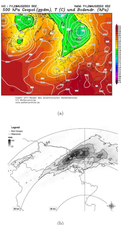 Figure 4.3: (a) upper-level flow in terms of temperature ( ° C) and geopotential height ( dam) taken from the ECMWF analysis valid at 29 August 2003 00 UTC; (b) Fella basins rain gauges accumulation of 29 of August