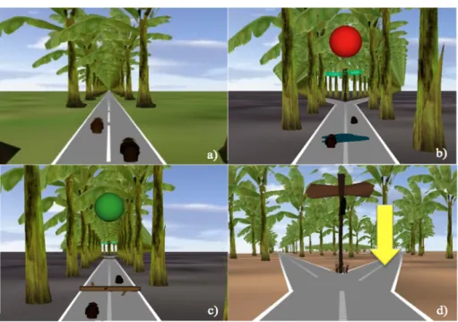 Figure  6  (a)  A  screen  shot  of  the  VR  environment:  a  tree-lined  road  presenting  obstacles  and  road  bifurcations