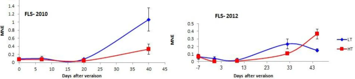 Fig. 16. Mean Normalized expression of the FLS genes involved in flavonol biosynthesis in berries grown under  high(HT) and low(LT) temperature conditions during ripening in 2010 and 2012