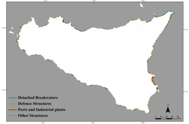 Fig. 2.1. GIS map visualizing the distribution of each type of artificial structure along the  Sicilian coastline