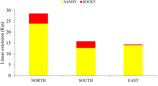 Fig. 2.8. Histogram showing the % of the total linear extension of the sandy and rocky  substrates surrounding the detached breakwaters at each coastal side