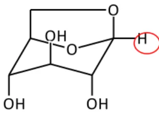 Figure 2.4: Levoglucosan with its anomeric proton highlighted: absorption at ~5.45 ppm