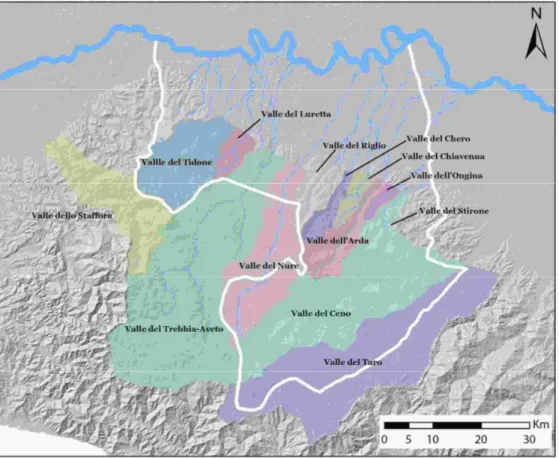 Figura 2. La geografia del Piacentino: bassa pianura, alta pianura, collina e montagna 