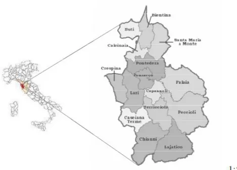 Figure 2.3 The case study area, represented by 15 Municipalities placed in   Valdera, Tuscany