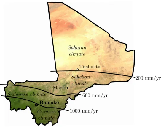 Figure 3.2: The average precipitation (in mm/year) and climatic zones (as defined by the Ministry of Environment) in Mali.