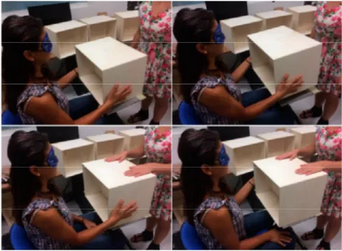 Figure  13.  The  figure  represents  a  blindfolded  participant  haptically  interacting  with  a  wooden  box  in  the  four  experimental  conditions