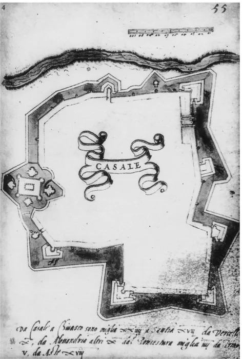 Fig. 4. F. Orologi, Casale, in Brevi ragioni del fortificare, 1555-1556 (Biblioteca Nazionale di Firenze,  Magliabechiano xix, 127, tav