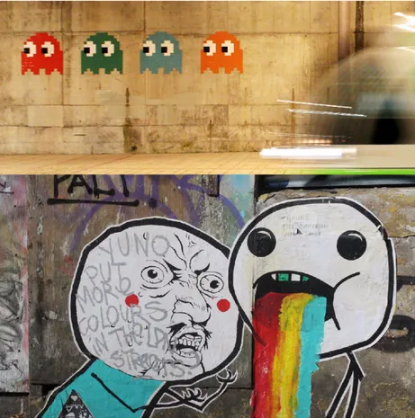 Fig. 1: [In alto]  Pac–Man  di Invader, Bilbao. [In basso] Graffito ispirato agli internet meme.