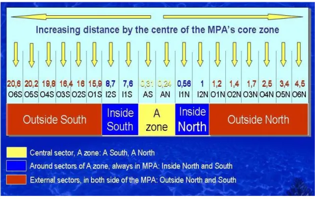 Figure 2.5: Fish visual census, distances by the center of the core zone. 