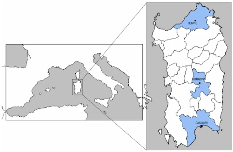 Figura  2.  La  Sardegna  con  le  tre  regioni  nelle  quali  è  stato  effettuato  il   campionamento