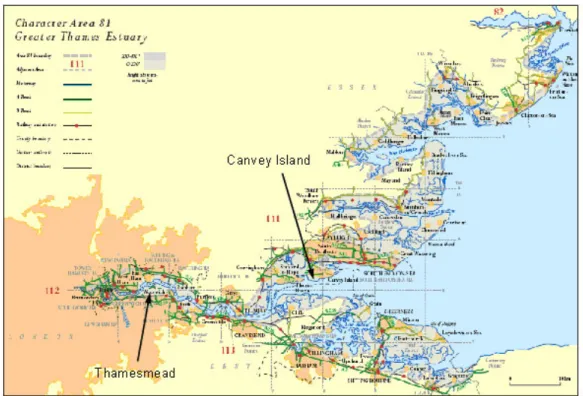 Figure 6.1: Locations of Thamesmead and Canvey Island (the pilot site) within the Thames Estuary