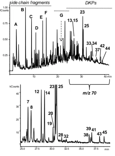Figure 4.3.2  Total ion chromatogram (top) and extracted mass chromatogram at m/z 70 (bottom)  obtained from Py-GC-MS of bovine serum albumin