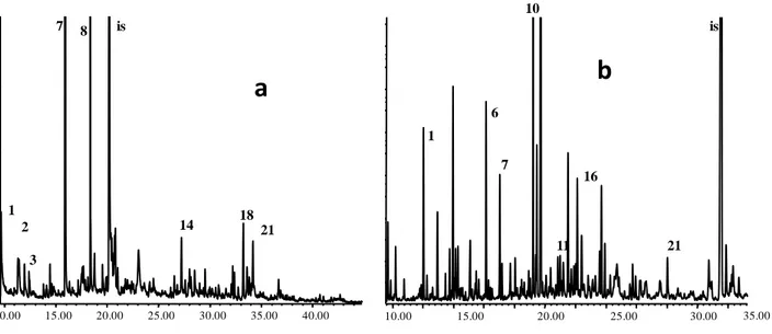 Figure 4.3.3 GC-MS trace (total ion) of the solutions obtained after off-line pyrolysis at 500 °C of  lysozyme (a) underivatised, and (b) after trimethylsilylation