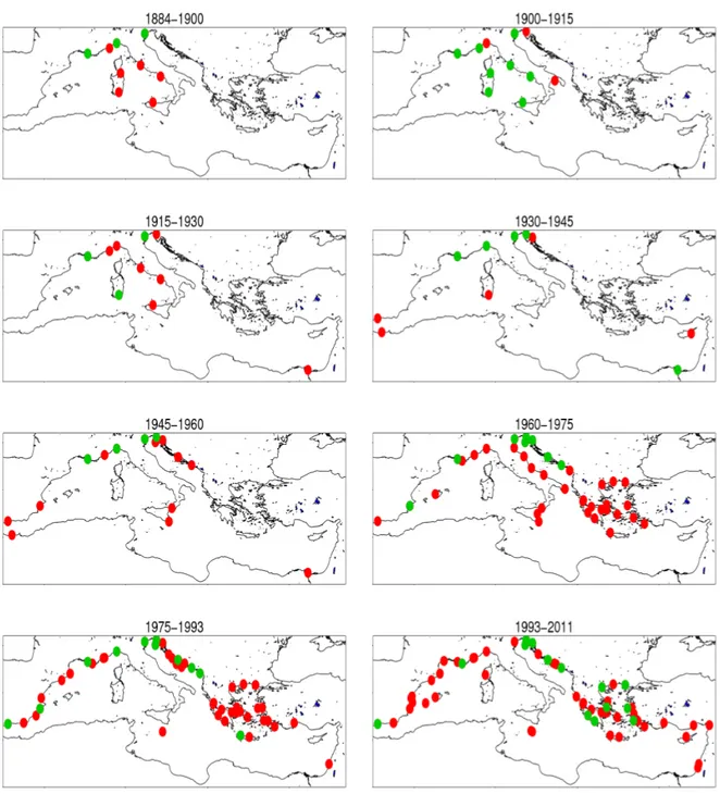 Figure 3.1: Tide-gauge stations positions. In each panel the number and positions of tide-gauge stations used in the specific reconstruction period are shown