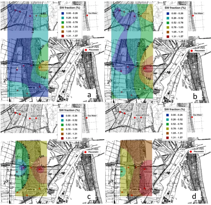 Figure	
  13:	
  Salinity	
  distribution	
  in	
  the	
  surface	
  (a),	
  at	
  depth	
  between:	
  2	
  and	
  5	
  metres	
  (b),	
  5-­‐7	
  metres	
   (c),	
  8-­‐12	
  metres	
  (d)	
  in	
  spring	
  period	
  2009.	
  Derived	
  by	
  EnviroInsi