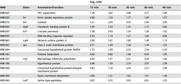 Table  2.  Nm  genes  up-regulated  in  human  blood  and  encoding  known  and  putative  virulence  factors, that were selected for a further characterization in an  ex vivo model of bacteremia (from  [29])