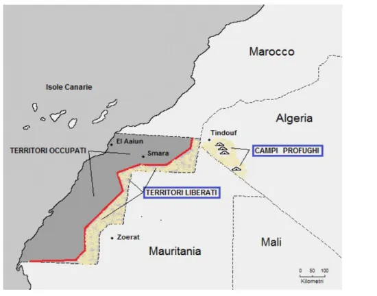 Fig. 01: area di studio: Campi Profughi (in territorio algerino)  e Territori Liberati del Sahara Occidentale