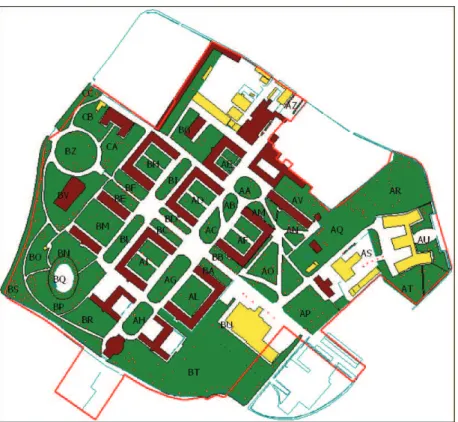 Figura 2: schema del parco, gli edifici sono in marrone e giallo, le aiuole in verde. 