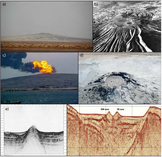 Figura 2.1  Immagini  relative  ad  alcuni  esempi  di  vulcani  di  fango,  sia  emersi  che  sommersi