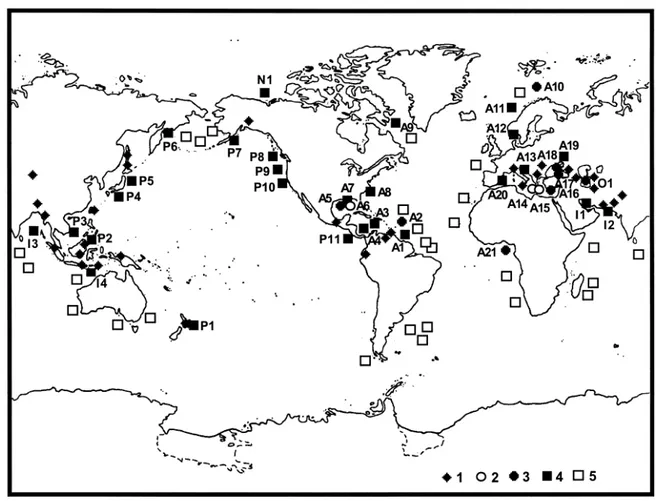 Figura 2.7  Mappa che mostra le localizzazioni dei vulcani in terra emersa (1), conosciuti senza gas  idrati (2), conosciuti con gas idrati (3), sottomarini (4)
