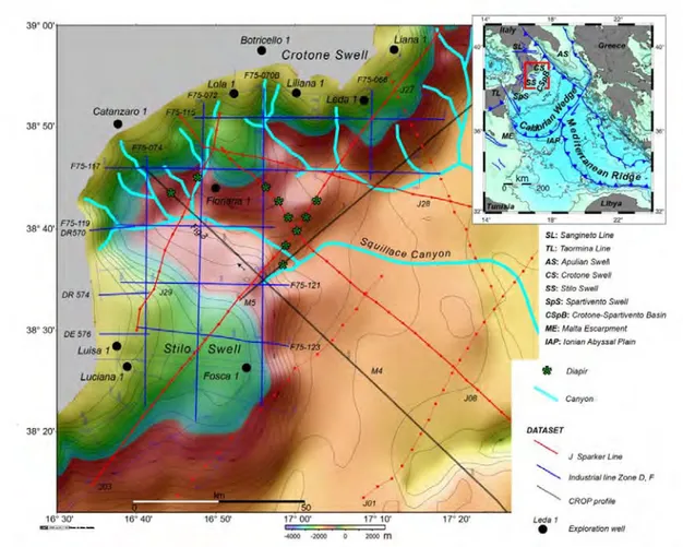 Figura 3.2  Carta  morfo-batimetrica  dell’area  di  studio  (GEBCO  Data)  con  indicati  il  dataset  regionale di sismica a riflessione, i pozzi profondi utilizzati per la calibrazione e le strutture diapiriche  presenti nel Golfo di Squillace
