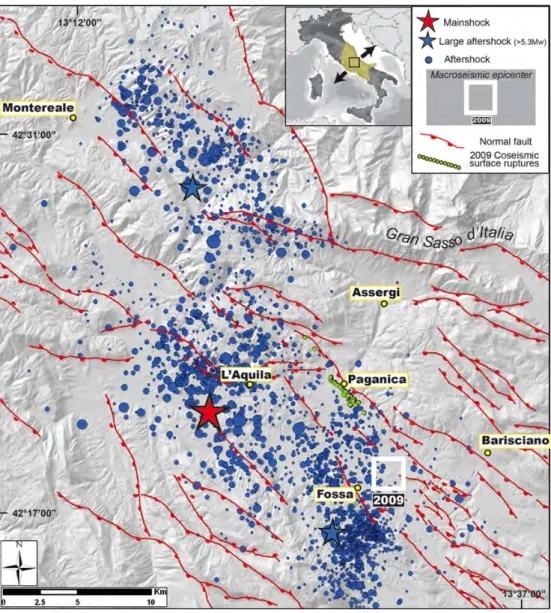 Figure 3.1 - The 2009 L’Aquila seismic sequence as recorded by the INGV Italian National Seismic Network  (Chiarabba et al., 2009)